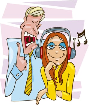Cartoon illustration of teenage girl listening to the music and her father grumbling