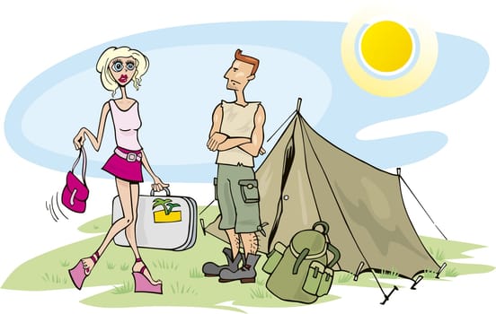 Humorous illustration of blond girl on camp