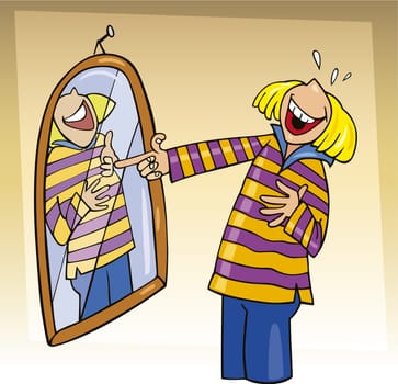 Illustration of girl laughing to mirror