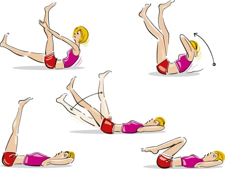 Illustration of woman doing different abdominal exercises