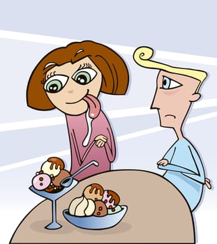 Humorous illustration of hungry girl on date