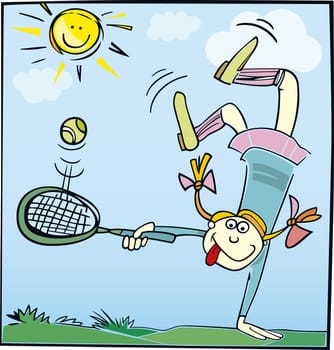Cartoon illustration of funny little girl playing tennis