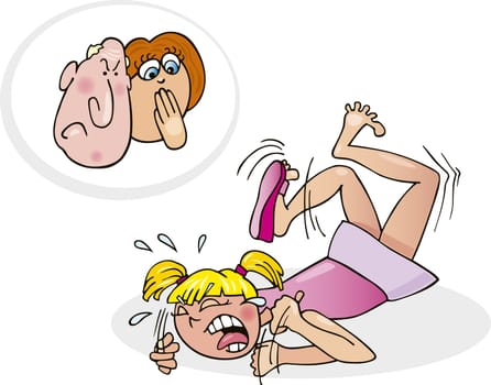 Cartoon illustration of naughty girl and her parrents