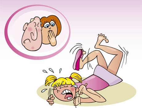Cartoon illustration of naughty girl and her parrents