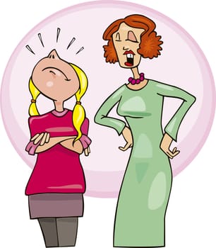Illustration of puffed up girl and her mother
