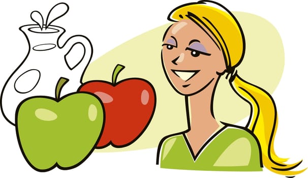 illustration of woman with apples and milk