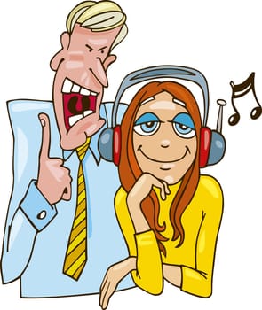 Cartoon illustration of teenage girl listening to the music and her father grumbling