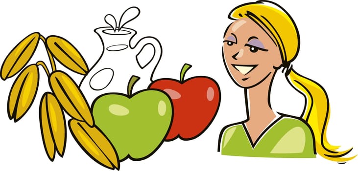 illustration of woman with apples milk and oat