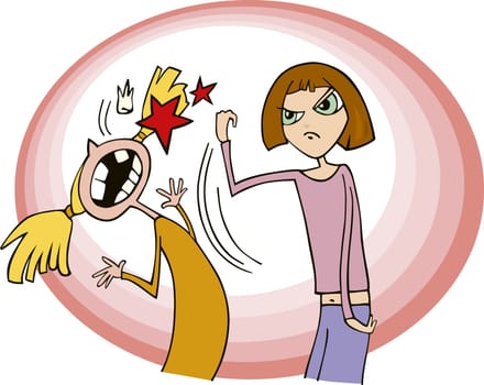 Cartoon illustration of fighting girls
