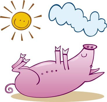 Illustration of happy little pig taking sunbath