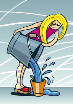 Cartoon illustration of cute blonde girl pouring water from big bucket to small one