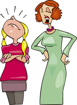 Illustration of puffed up girl and her mother