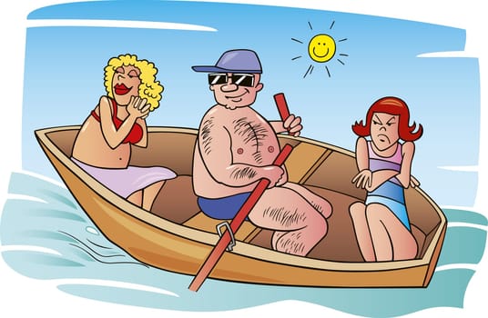 cartoon illustration of displeased girl on vacation with her parents