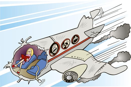 Illustration of cal girl reading book in falling plane