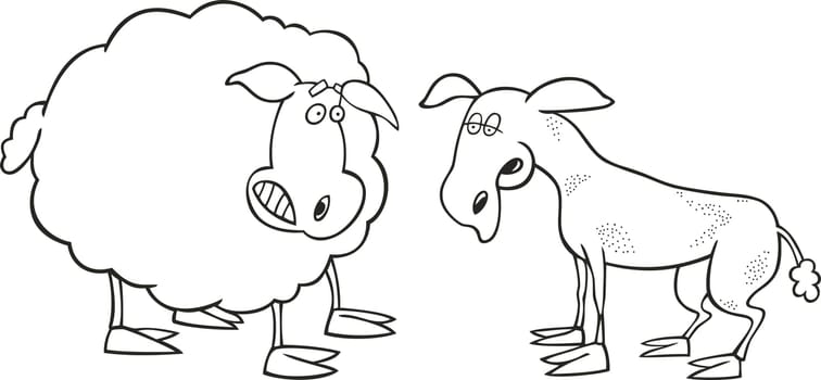 Illustration of frightened sheep and shaved one for coloring book