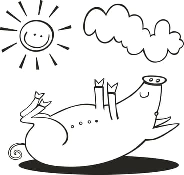 Illustration for coloring book of happy little pig taking sunbath