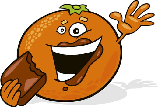 illustration of cartoon orange eating chocolate