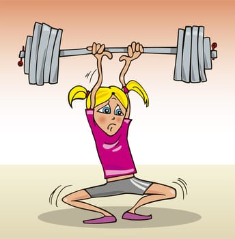 Cartoon illustration of teen girl lifting heavy weight