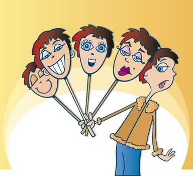 humorous illustration of girl and her masks
