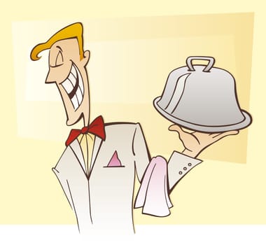 Illustration of happy waiter serving specialty dish in restaurant