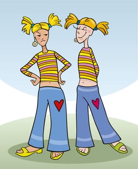 cartoon illustration of teen girl and her copy friend