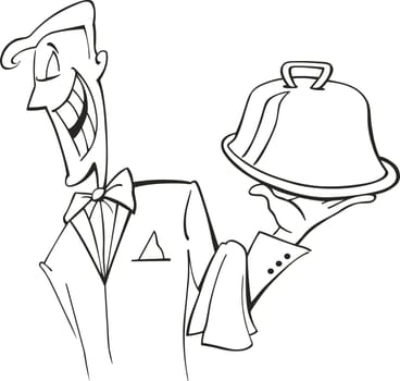 illustration of Waiter with dish for coloring book