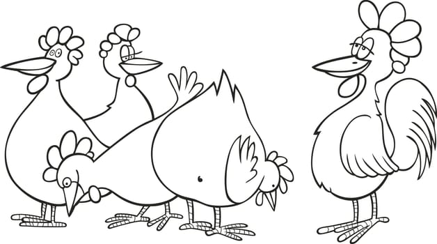 illustration of Rooster and hens for coloring book