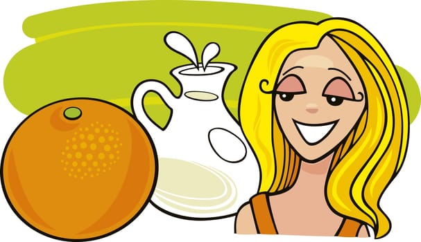 illustration of girl with orange fruit and milk