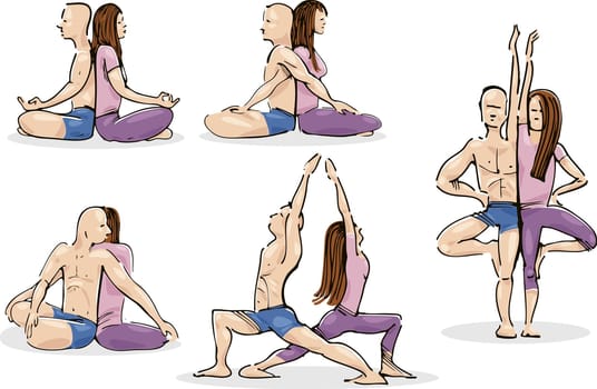 Illustration of man and woman Practicing Yoga in Couple