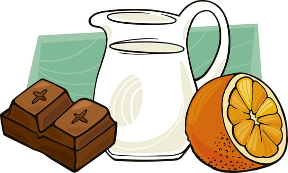 illustration of chocolate with pot of milk and orange