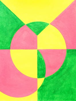 The letters in the word JOY are drawn on top of each other and painted in with corresponding color. A great abstract background art painting. The main colors are pink, green, and yellow. There are three solid colors with a brush painted with a paintbrush