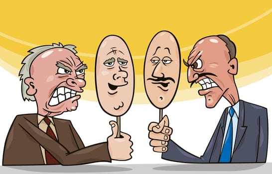 cartoon illustration of two antagonist politicians talking on television