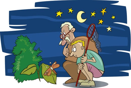 illustration of boy and his grandfather looking at moth