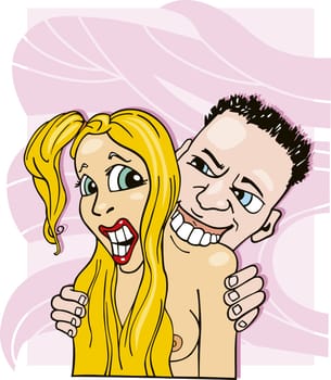 illustration of couple sex foreplay surprised woman and man biting her