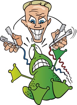 Illustration of crazy scientist and frightened frog