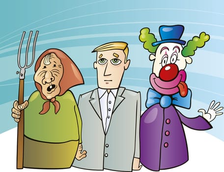 cartoon illustration of farmer woman, businessman and clown