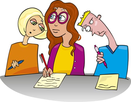 Cartoon illustration of boy cribbing on test