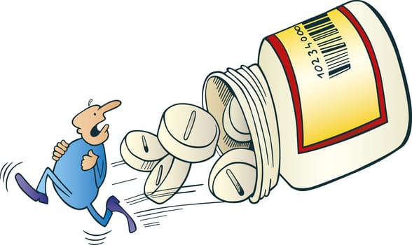 Illustration of man run away before pills