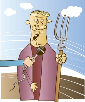 Illustration of old farmer talking to microphone