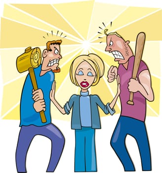Illustration of two angry men going to fight and calm woman peacemaker