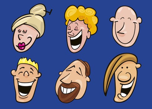 Cartoon illustration of set of laughing faces