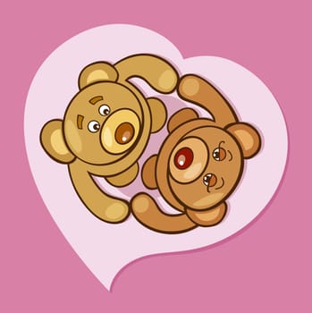 Cartoon illustration of two teddy bears in love in heart shape