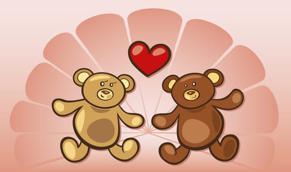 Cartoon illustration of two teddy bears in love with heart