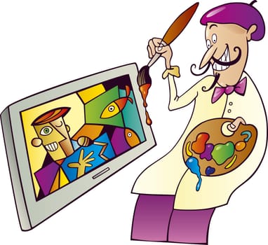 Illustration of painter painting on tv set screen