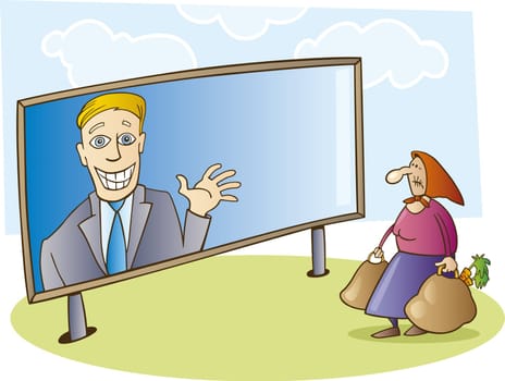 Illustration of election campaign billboard and old woman looking at it