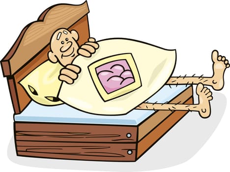 Cartoon illustration of man in too short bed