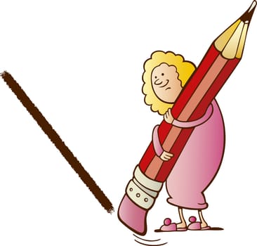 Illustration of Woman erasing line with huge pencil rubber