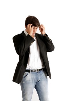 Young teenager male in studio, brown hair, white background