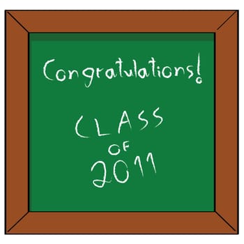 Cartoon illustration of a school blackboard with the words "Congratulations! Class of 2011"""