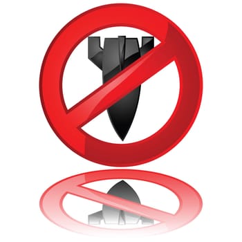 Glossy illustration of a prohibited sign over a bomb, message against war